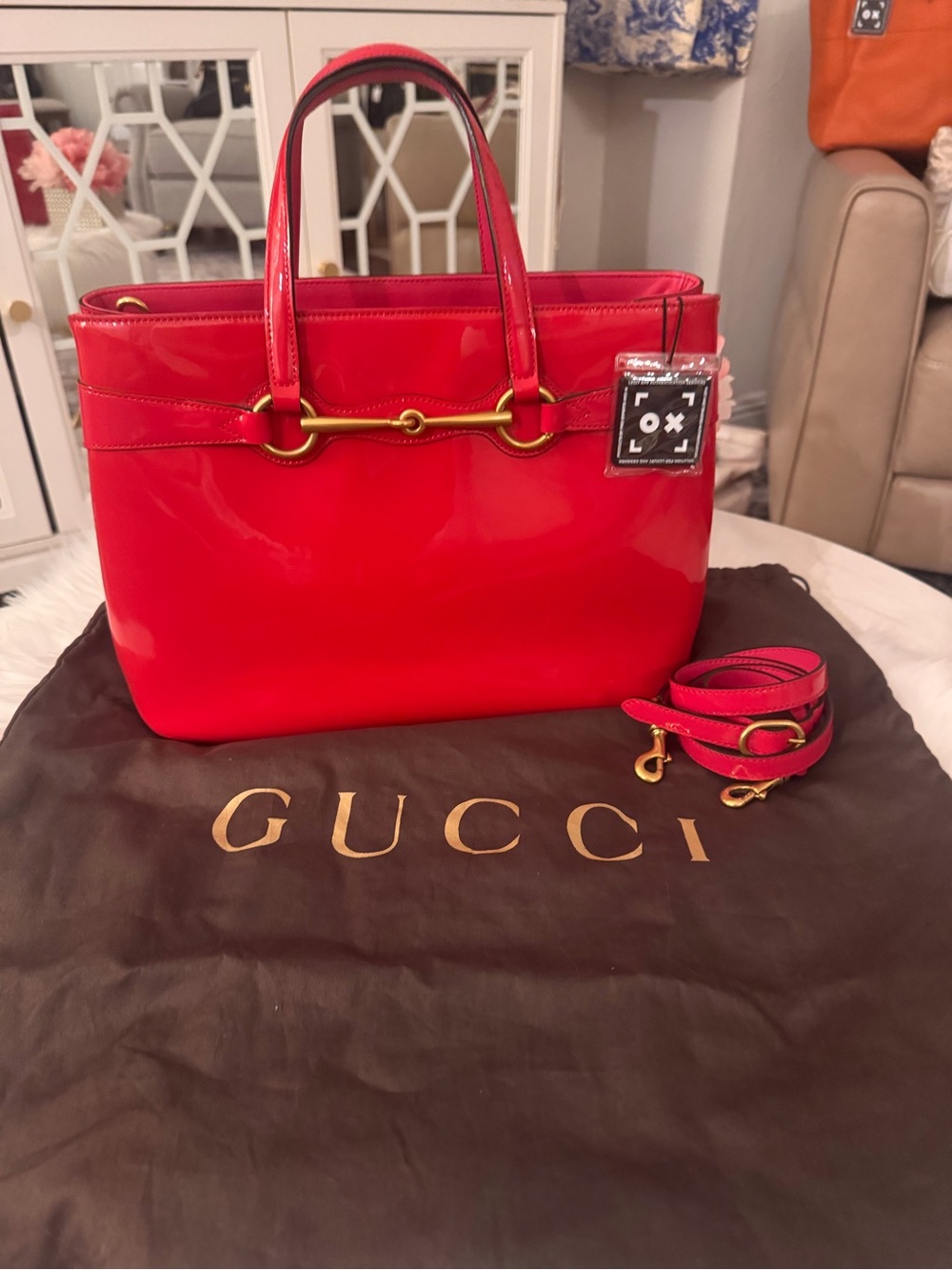 Gucci Red Patent Leather Horsebit Tote W/Strap